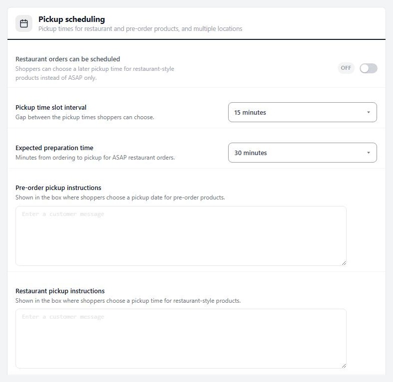 WP EasyCart Settings › Checkout › Pickup scheduling, with the restaurant switches