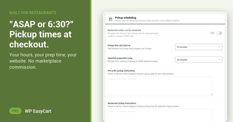 "ASAP or 6:30?" Pickup times at checkout.