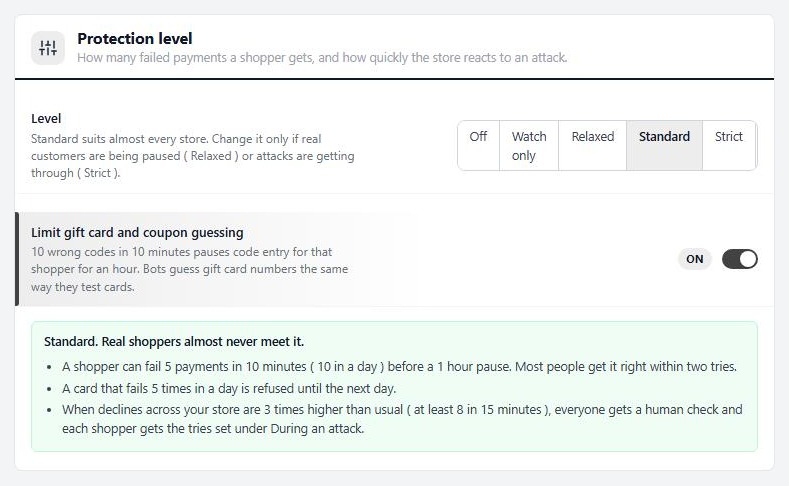 WP EasyCart Settings › Checkout protection, the Protection level pills with Standard selected