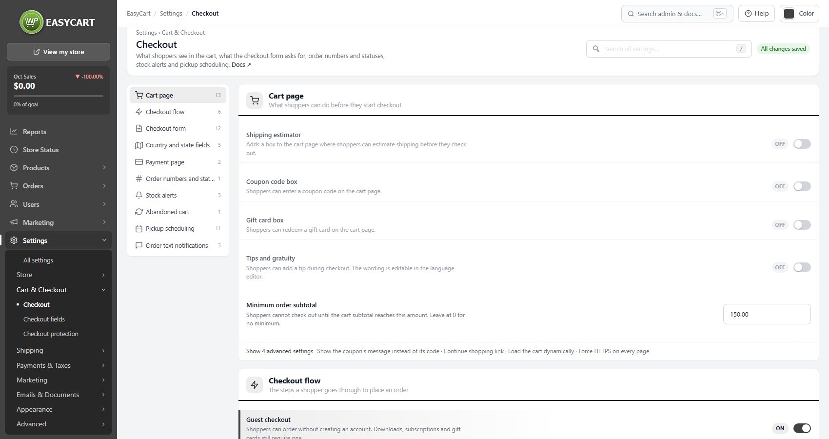 WP EasyCart Settings › Cart & Checkout › Checkout, with the cart and checkout flow settings