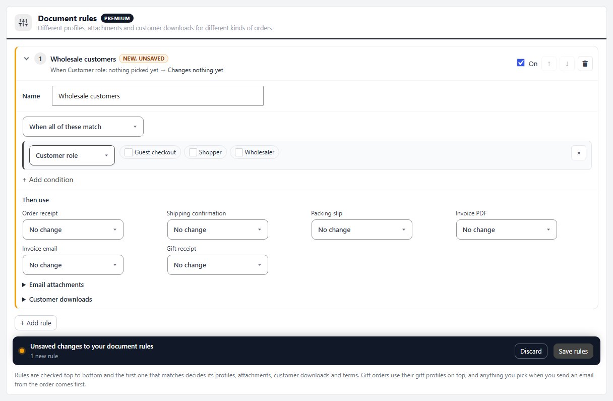 WP EasyCart Settings › Documents, a new document rule with a Customer role condition