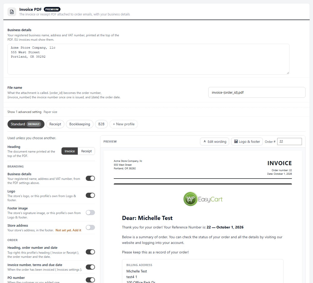 WP EasyCart Settings › Documents › Invoice PDF, with business details and file name settings