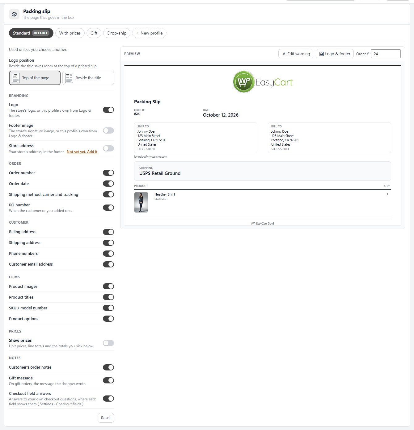 WP EasyCart Settings › Documents with the packing slip switches and the live preview