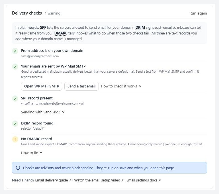 WP EasyCart Settings › Email › Delivery checks, listing the from address, mail path, SPF, DKIM and DMARC