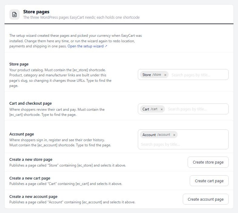 WP EasyCart Settings › Store details, Store pages card with the store, cart and account pages