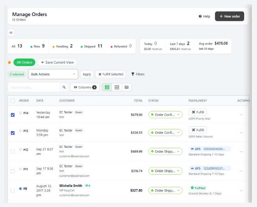 The WP EasyCart orders list, where a pickup order offers Mark picked up