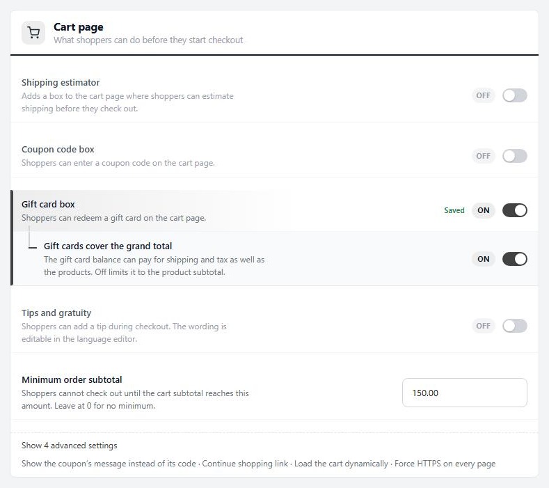 WP EasyCart Settings › Checkout › Cart page, with the Gift card box switches