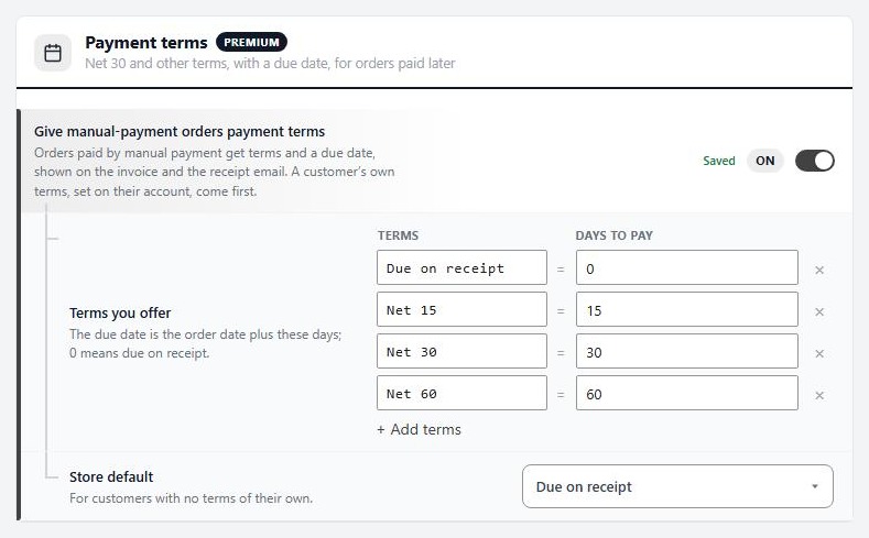 WP EasyCart Settings › Documents, the Payment terms card with Net 15, Net 30 and Net 60