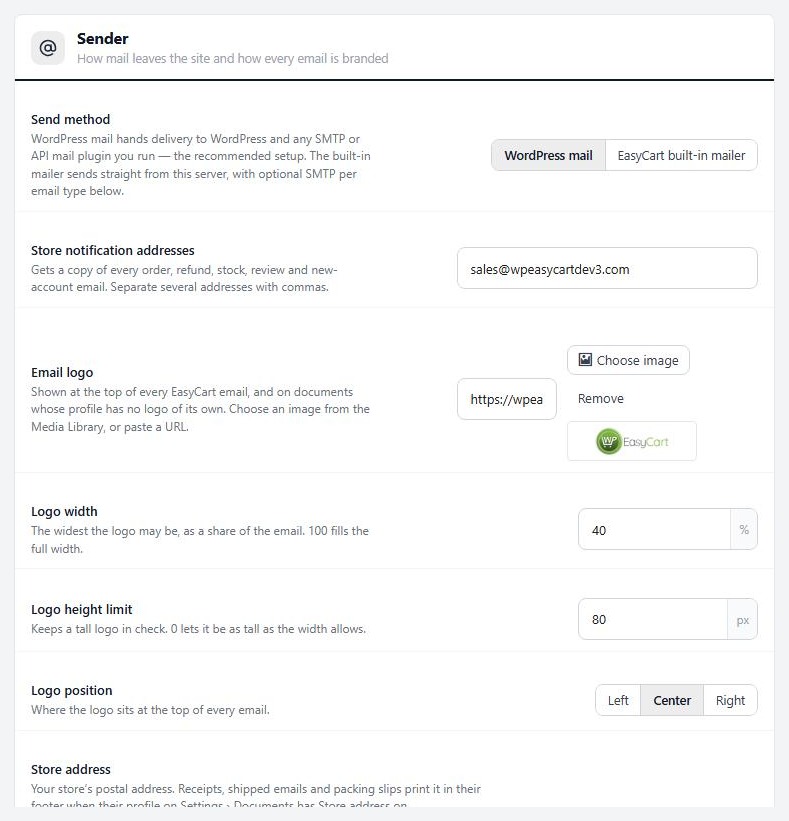 WP EasyCart Settings › Email › Sender card with the logo and store address