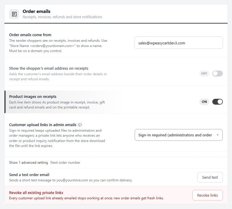WP EasyCart Settings › Email › Order emails card