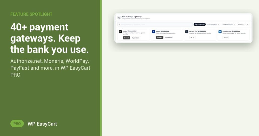 40+ payment gateways. Keep the bank you use.