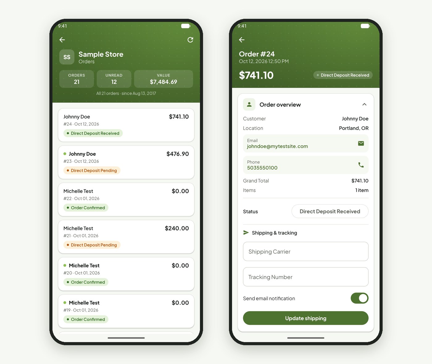 The WP EasyCart phone app: a store's orders list and an order open on its status and tracking