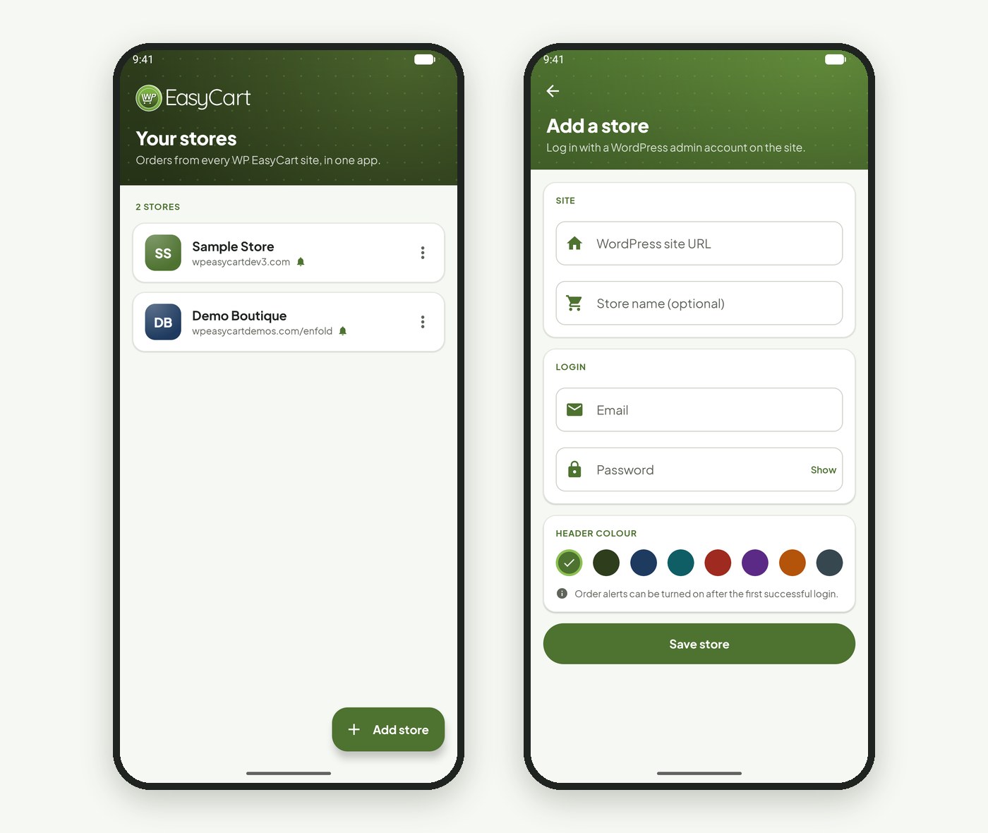 The WP EasyCart phone app store list and the Add a store screen