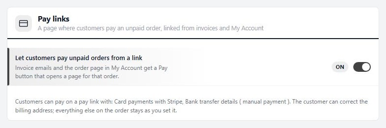 WP EasyCart Settings › Documents, the Pay links card and the payment methods a link can take