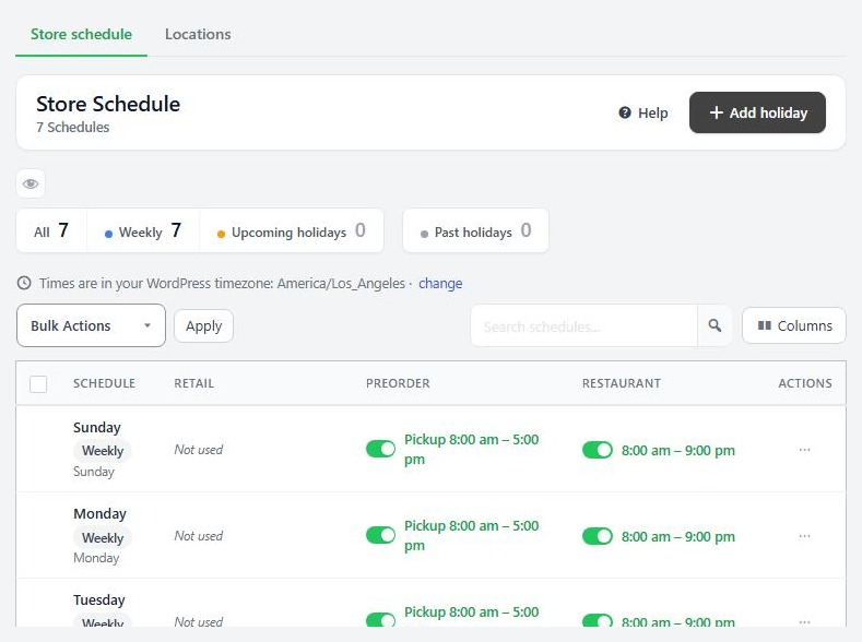 WP EasyCart Settings › Schedule & locations, Store schedule tab with seven weekly rows