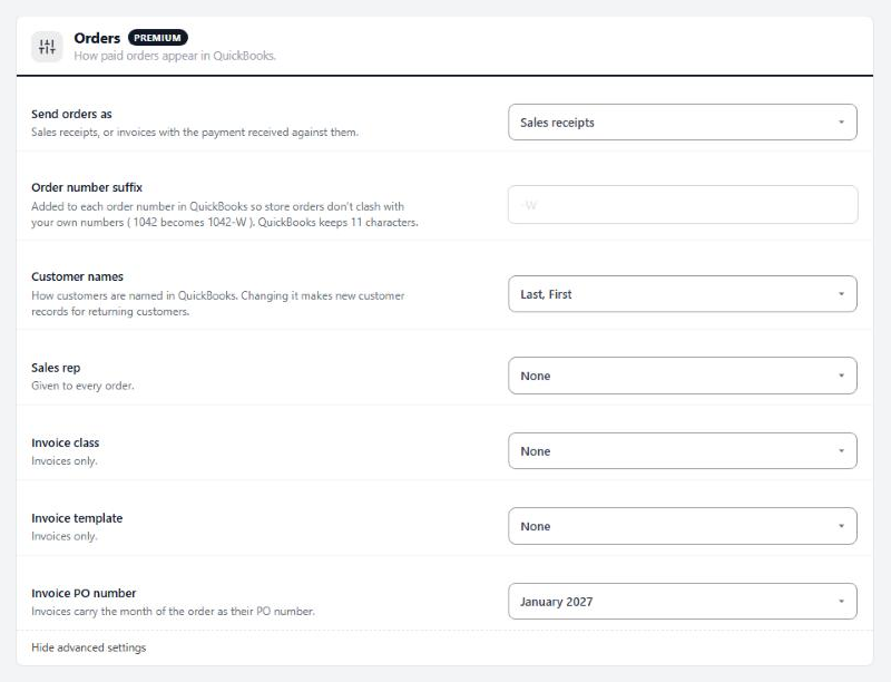 WP EasyCart QuickBooks Desktop settings, Orders section, set to send sales receipts