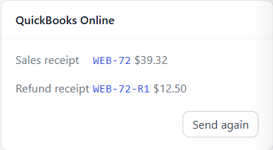 The QuickBooks Online card on a WP EasyCart order, with the sales receipt and its payment linked to QuickBooks