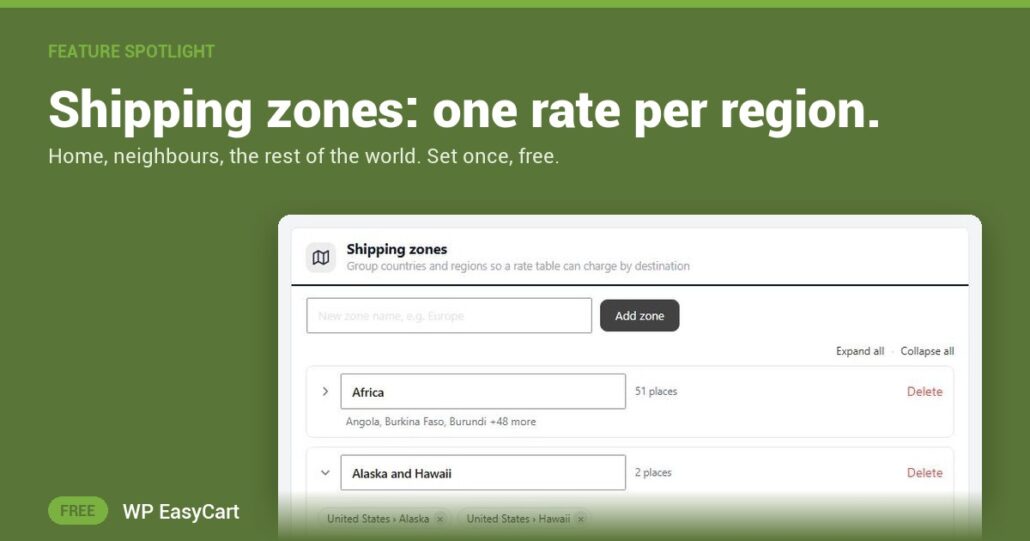 Shipping zones: one rate per region.