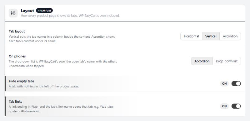 WP EasyCart Extensions › Tabs, the layout settings for every product page