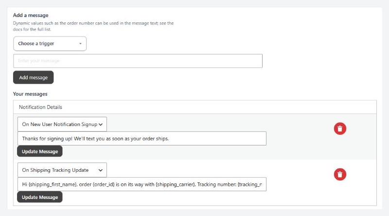 WP EasyCart Settings › Checkout › Order text notifications, the Add a message builder