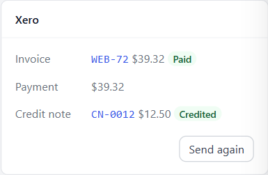 WP EasyCart order screen Xero card showing the invoice, its payment and a credit note